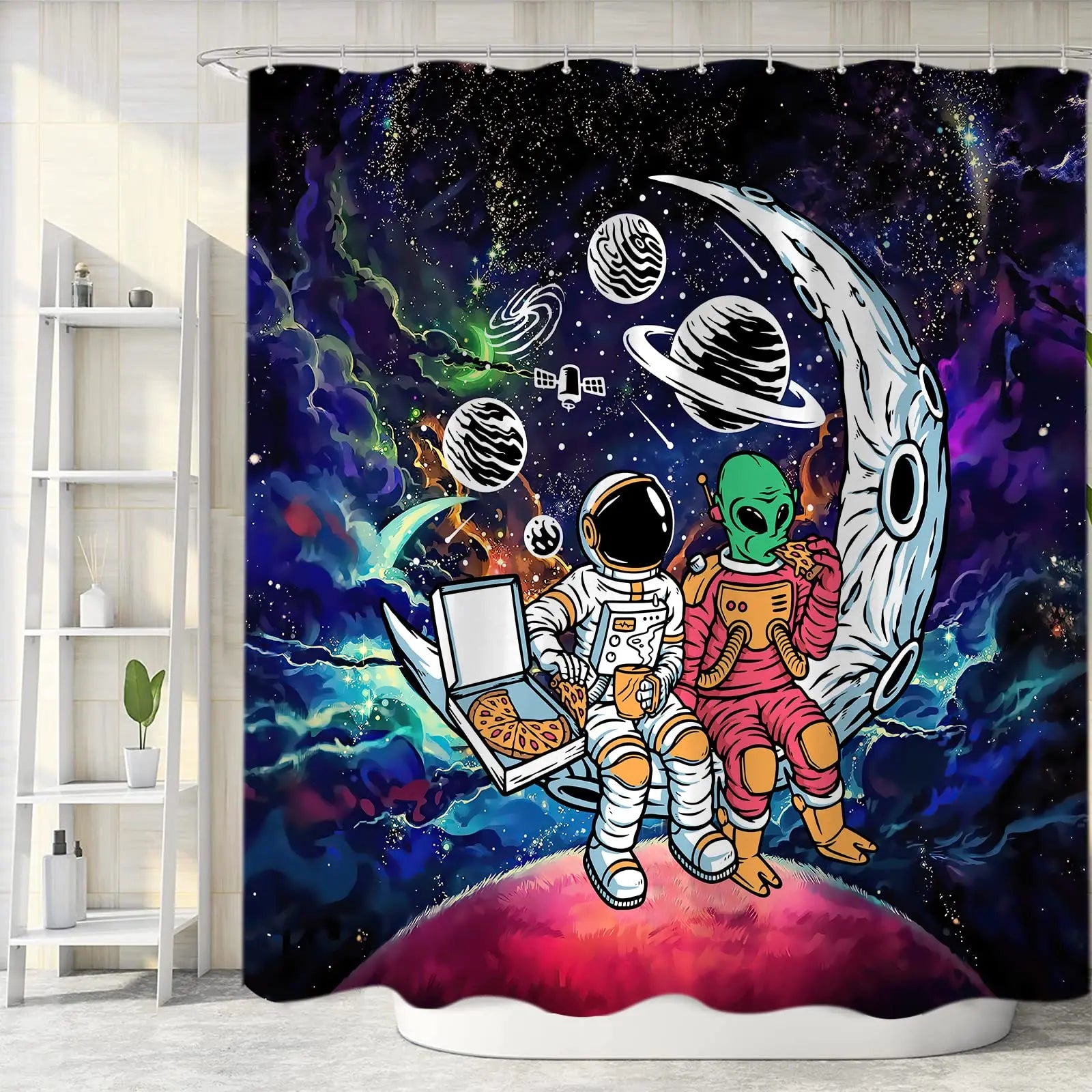 Rideau de Douche Astronaute & Alien Assis Sur la Lune