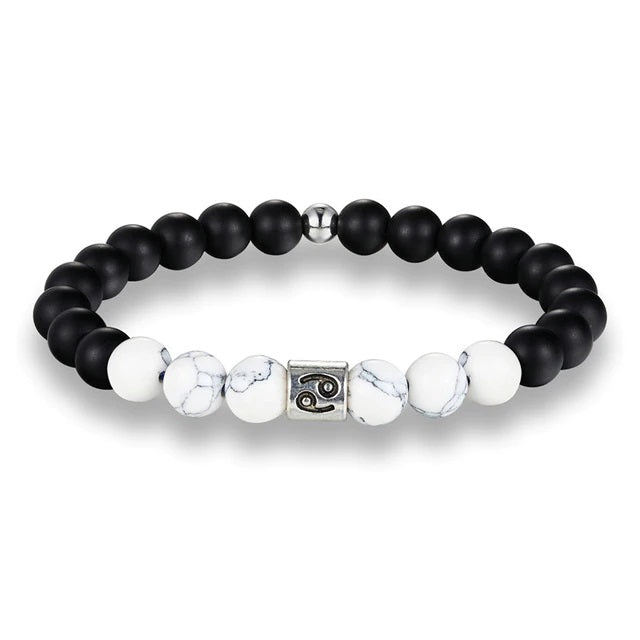 Bracelet Signes du Zodiaque en pierres noires et blanches Cancer