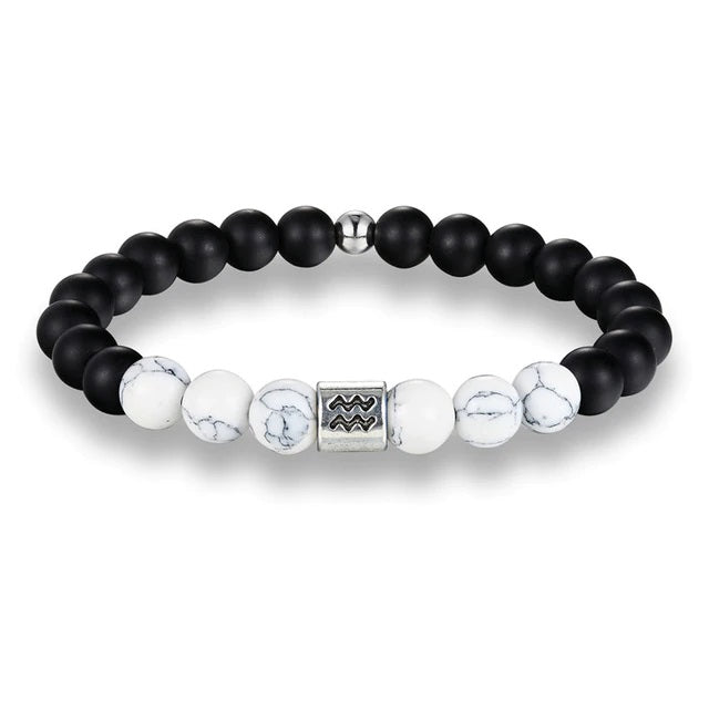 Bracelet Signes du Zodiaque en pierres noires et blanches Verseau